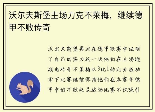 沃尔夫斯堡主场力克不莱梅，继续德甲不败传奇
